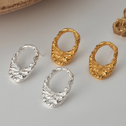 Pendientes de Botón de Plata de Ley 925 con Textura de Lava Irregular Joyería de Metal Texturizado Minimalista Mujer