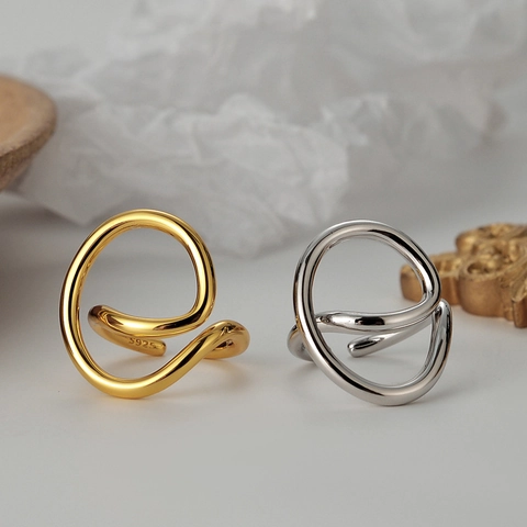 Anillo Abierto de Plata de Ley S925 para Mujer Minimalista Líneas Geométricas Huecas Anillo Ajustable Joyería Chapada en Oro Plata