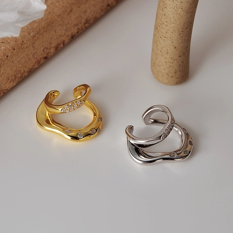 Ear Cuff de Plata de Ley 925 Onda Irregular Minimalista con Circonitas Incrustadas sin Perforación para Mujer Joyería Oro Plata