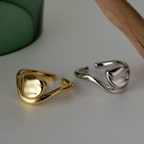 Minimalistisch S925 Sterlingsilber Unregelmäßig Flüssigmetall Offener Ring Verstellbare Organische Form Damen Fingerring