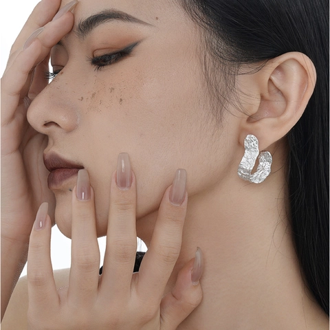 925 Sterling Silver Stud Earrings For Women Minimalist Irregular Molten Texture Wrinkled Surface Geometric Ins Style Jewelry