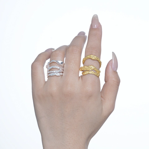 925 Sterling Silver Wrinkled Texture Open Ring Artistic Lava Style Adjustable Finger Ring For Women Jewelry Gift Gold Silver