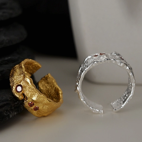 S925 Sterling Silver Ring For Women Vintage Lava Texture Rhinestone Inlaid Open Adjustable Index Finger Niche Design Ring
