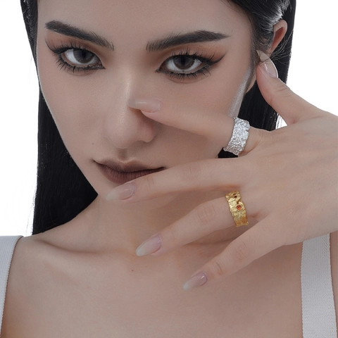 S925 Sterling Silver Ring For Women Vintage Lava Texture Rhinestone Inlaid Open Adjustable Index Finger Niche Design Ring
