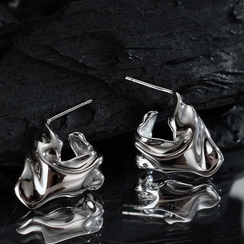 925 Sterling Silver Irregular Liquid Metal Stud Earrings Minimalist Lava Texture Tin Foil Design Artistic Jewelry For Women