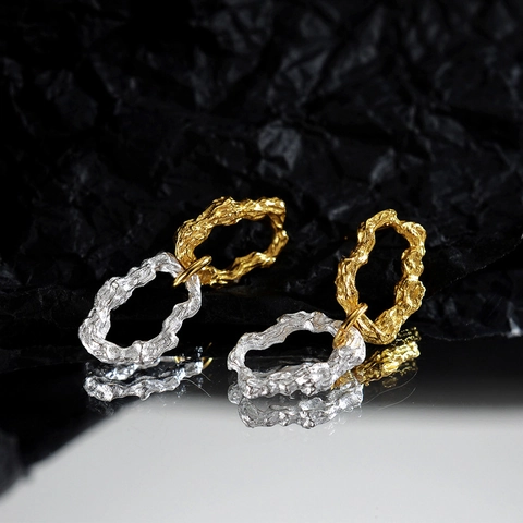 S925 Sterlingsilber Zweifarbige Ohrstecker Für Damen Minimalistische Unregelmäßige Lava Textur Gold Silber Schmuck