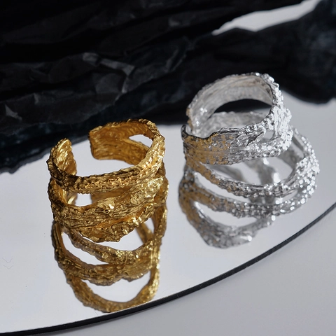 925 Sterling Silver Wrinkled Texture Open Ring Artistic Lava Style Adjustable Finger Ring For Women Jewelry Gift Gold Silver