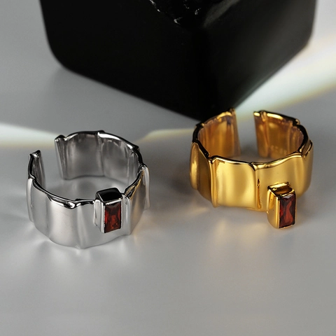 S925 Sterling Silver Irregular Ripple Open Ring For Women Red Zirconia Inlaid Adjustable Minimalist Finger Ring Jewelry Gift
