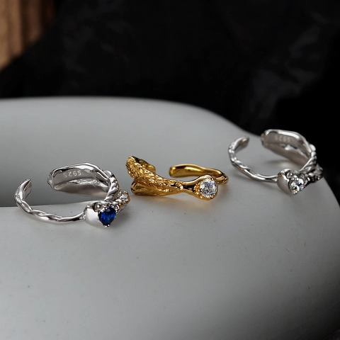 Anillo Abierto de Plata de Ley S925 con Textura de Lava Irregular para Mujer con Diamante de Imitación Incrustado Anillo Ajustable Joyería