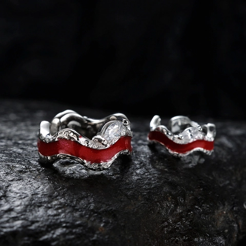 925 Sterling Silver Ear Cuff For Women Red Enamel Rhinestone Wave Texture Ear Clip Fingertip Ring Fashion Jewelry Gift