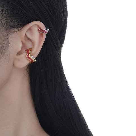 925 Sterling Silver Ear Cuff For Women Red Enamel Rhinestone Wave Texture Ear Clip Fingertip Ring Fashion Jewelry Gift