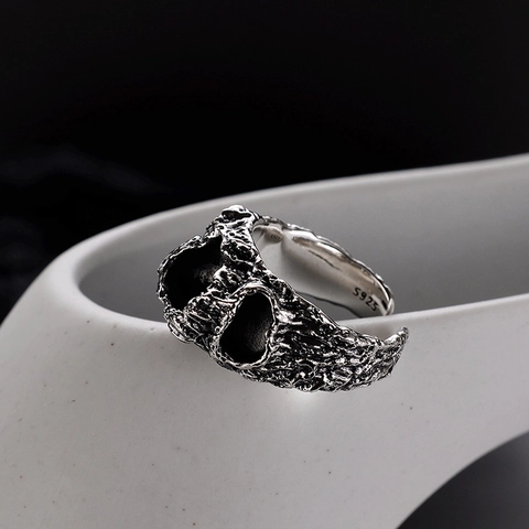 Anello in Argento Sterling 925 Vintage per Donna Texture Roccia Corrosione Invecchiata Anello Aperto Regolabile Gioielli Punk Gothic