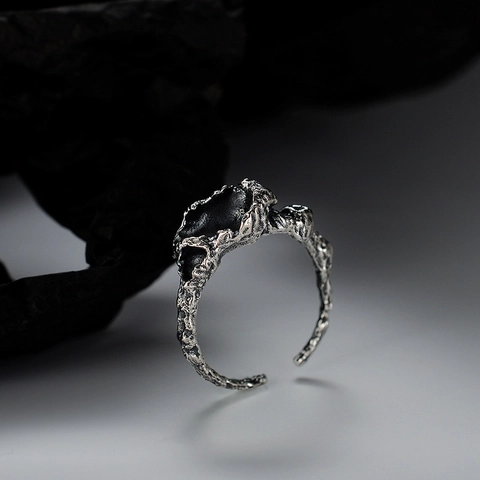 Anello Aperto in Argento Sterling S925 Vintage Texture Lava per Donna Roccia Vulcanica Regolabile Gioielli Stile Industriale