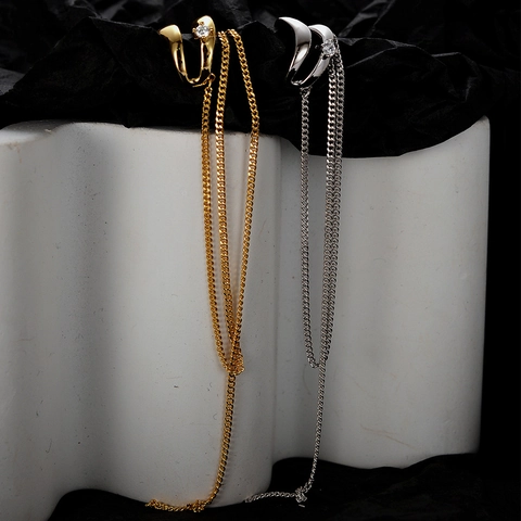 Pendiente de Clip de Borla Larga de Plata de Ley S925 para Mujer Sin Perforación Pendientes de Cadena Doble Capa Micro Strass Joyería