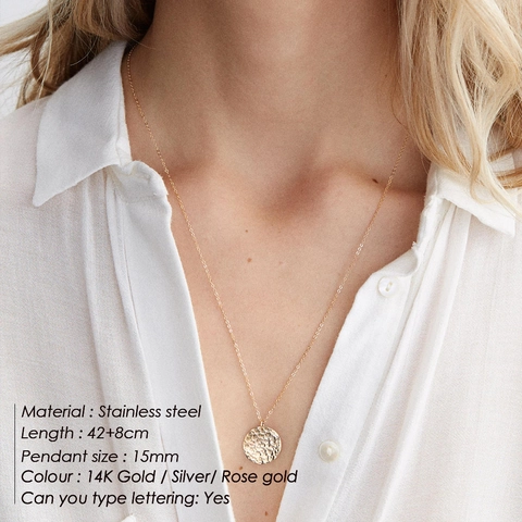 Collier Minimaliste en Acier Inoxydable Avec Pendentif Disque Martelé Pour Femmes Hommes Bijoux Géométriques Électroplaqués Cadeau