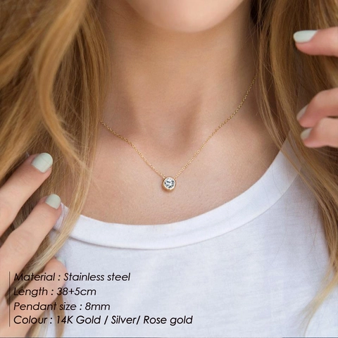 Stainless Steel Round Birthstone Pendant Necklace For Women Zirconia Minimalist Bezel Set Adjustable Jewelry Birthday Gift
