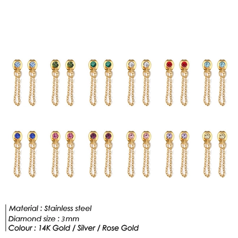 Stainless Steel Birthstone Tassel Stud Earrings For Women Colorful Rhinestone Month Stone Dangle Earrings Fashion Jewelry Gift