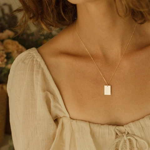Minimalist Stainless Steel Rectangle Tag Pendant Necklace For Women Men Gold Plated Plain Bar Geometric Jewelry Gift