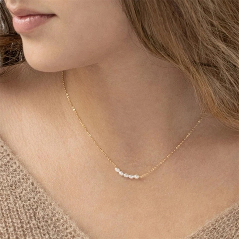Minimalist Stainless Steel Freshwater Pearl Necklace For Women 14K Gold Plated Bar Smile Pendant Clavicle Chain Jewelry Gift