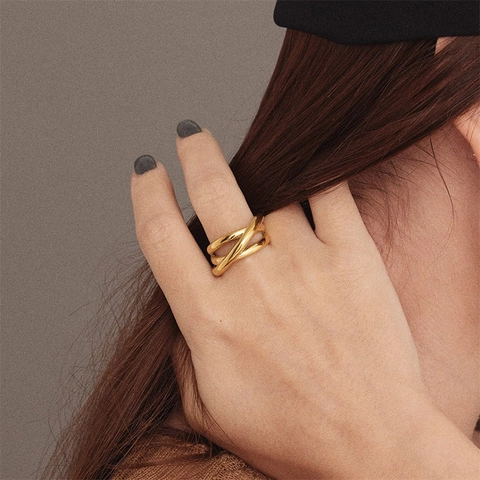 Anello Aperto Incrociato Multistrato in Acciaio Inossidabile per Donna Gioielli di Moda Geometrici Placcati Oro Argento