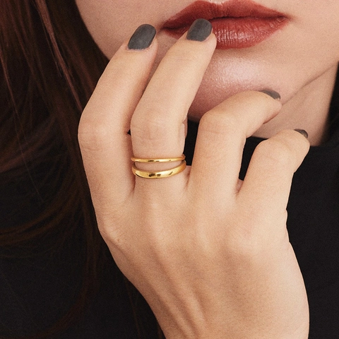 Anillo Abierto de Doble Capa de Acero Inoxidable Minimalista Para Unisex Anillo Geométrico Ajustable Oro Plata Joyería