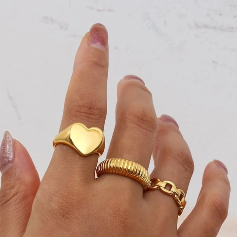 Minimalist Stainless Steel Heart Signet Ring For Women 18K Gold Plated Plain Heart Smooth Band Finger Ring Fashion Jewelry