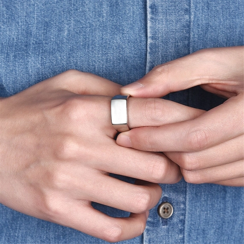 Minimalist Stainless Steel Rectangular Signet Ring For Women Men High Polished Plain Metal Band Ring Geometric Jewelry Gift