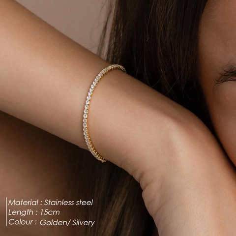 Bracelet de Tennis Minimaliste en Acier Inoxydable avec Strass sur une Seule Rangée pour Femme Bijoux de Luxe en Cristal Rond