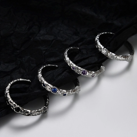 S925 Sterling Silver Adjustable Ring For Women Retro Lava Texture Inlaid Zirconia Korean Ins Style Fashion Jewelry Finger Ring