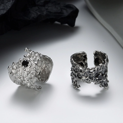 Anello Aperto in Argento Sterling 925 con Texture Lava Vintage Distressed Strass Gemma Anello Regolabile Gioielli Regalo Donna