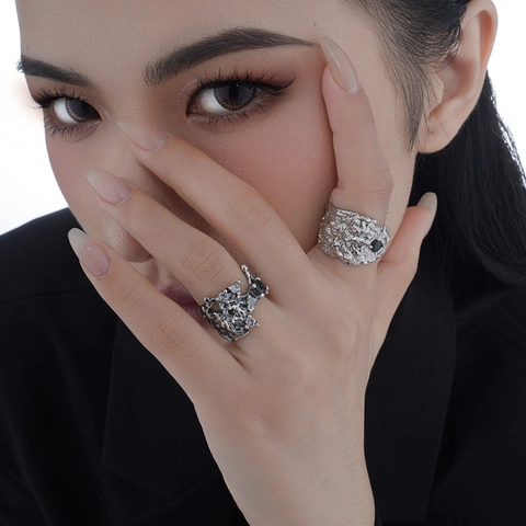 Anello Aperto in Argento Sterling 925 con Texture Lava Vintage Distressed Strass Gemma Anello Regolabile Gioielli Regalo Donna
