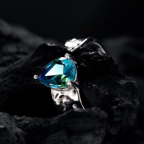 S925 Sterling Silver Pear Shaped Blue Green Rhinestone Open Ring Vintage Lava Texture Adjustable Finger Ring Women Jewelry