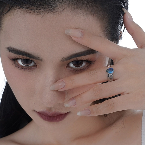 S925 Sterling Silver Pear Shaped Blue Green Rhinestone Open Ring Vintage Lava Texture Adjustable Finger Ring Women Jewelry