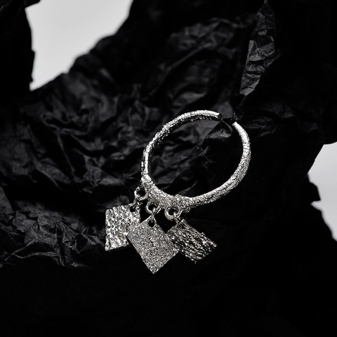 S925 Sterling Silver Open Adjustable Ring For Women Vintage Hammered Texture Square Tag Dangle Dainty Minimalist Artistic Jewelry