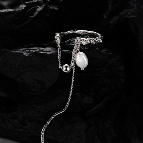S925 Sterlingsilber Lavatextur Offener Ring Für Damen Mit Künstlicher Barockperle Lange Quastenkette Weißgold Verstellbar Ring