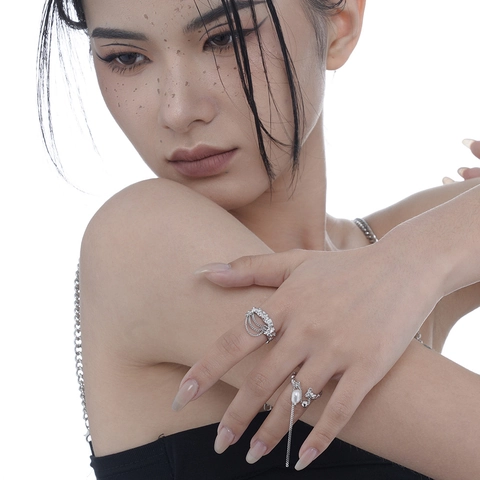 S925 Sterlingsilber Lavatextur Offener Ring Für Damen Mit Künstlicher Barockperle Lange Quastenkette Weißgold Verstellbar Ring