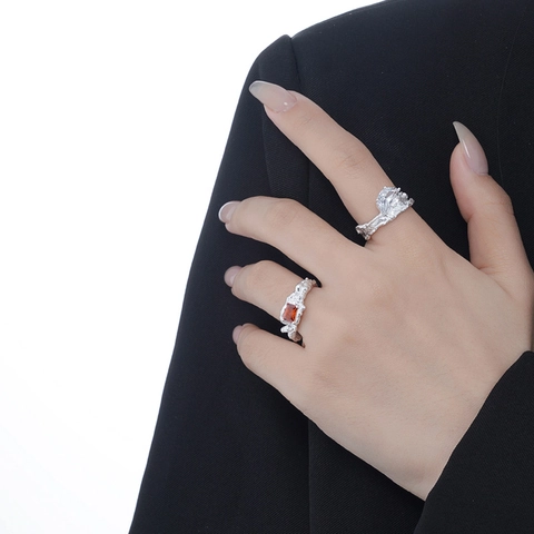 S925 Sterling Silver Vintage Lava Texture Open Ring Rectangle Red Rhinestone Inlaid Adjustable Finger Ring For Women Jewelry