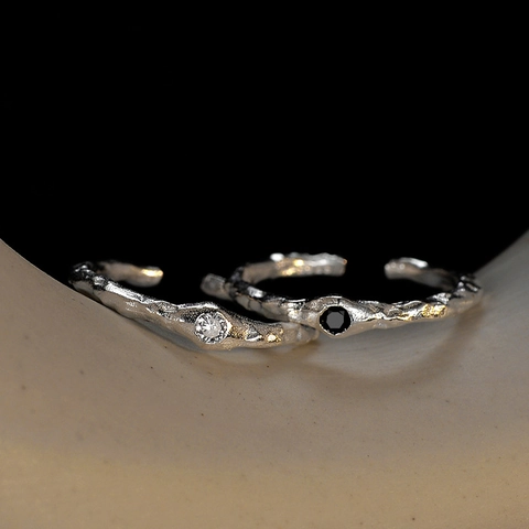 925 Sterling Silver Open Ring For Women Minimalist Irregular Wrinkle Lava Texture Inlaid Rhinestone Adjustable Finger Jewelry