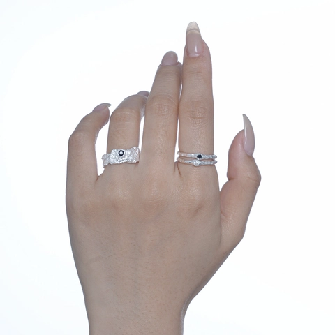 925 Sterling Silver Open Ring For Women Minimalist Irregular Wrinkle Lava Texture Inlaid Rhinestone Adjustable Finger Jewelry