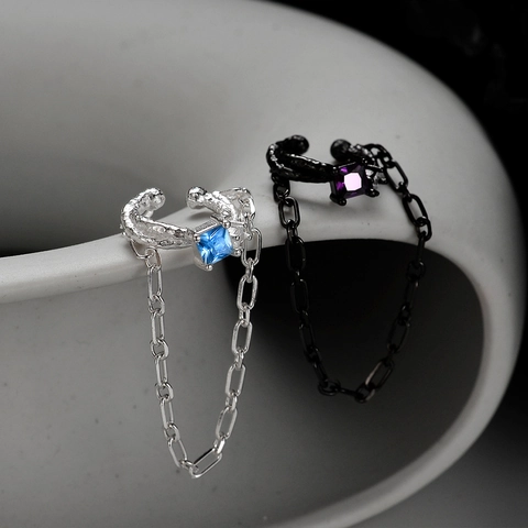 Pendientes de Clip de Cadena de Plata de Ley S925 Con Diamantes de Imitación Texturizados Joyería Minimalista Sweet Cool Mujer