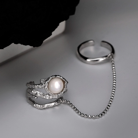 925 Sterling Zilveren Dubbele Ring Met Ketting Verstelbaar Kunstparel Ingelegd Textuur Open Vingering Voor Dames Minimalistische Mode Sieraden