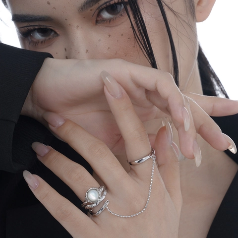 925 Sterling Zilveren Dubbele Ring Met Ketting Verstelbaar Kunstparel Ingelegd Textuur Open Vingering Voor Dames Minimalistische Mode Sieraden