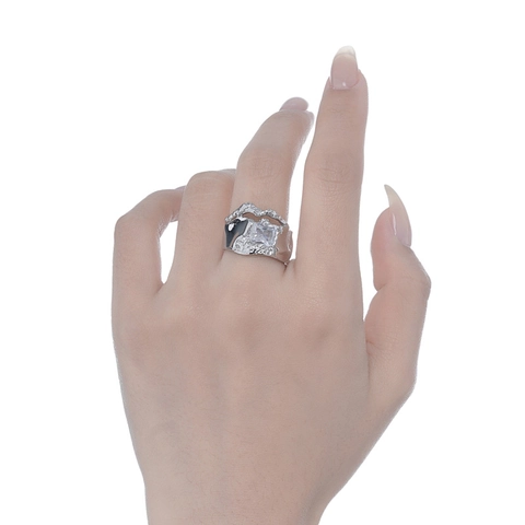 Anillo Abierto de Plata de Ley S925 con Circonia Rectangular para Mujer Textura de Lava Irregular Anillo Ajustable Joyería Regalo