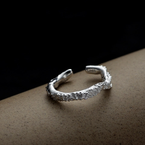 Anello Aperto Minimalista in Argento Sterling 925 per Donna Texture Lavica Irregolare Anello Regolabile Gioielli Individuali Regalo