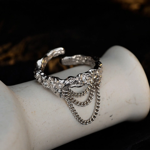 925 Sterlingsilber Unregelmäßige Lava Textur Offener Ring Für Damen Verstellbare Quasstchenkette Minimalistischer Punk Schmuck
