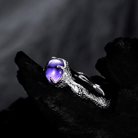 Vintage 925 Sterling Zilver Verstelbare Ring Voor Dames Minimalistische Paarse Strass Ingelegde Natuurlijke Textuur Open Ring