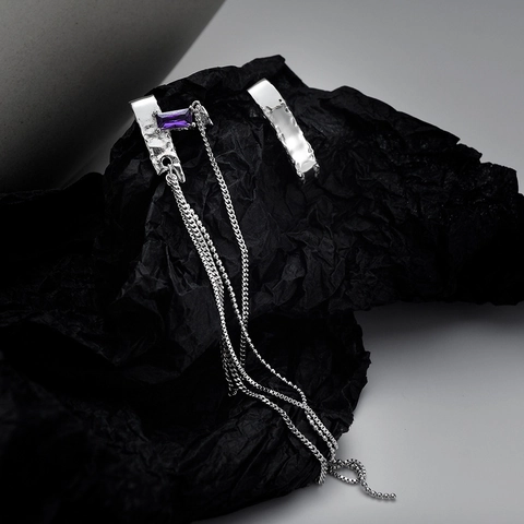 925 Sterling Silver Asymmetric Tassel Earrings For Women Textured Purple Rhinestone Long Chain Drop Dangle Earrings Jewelry