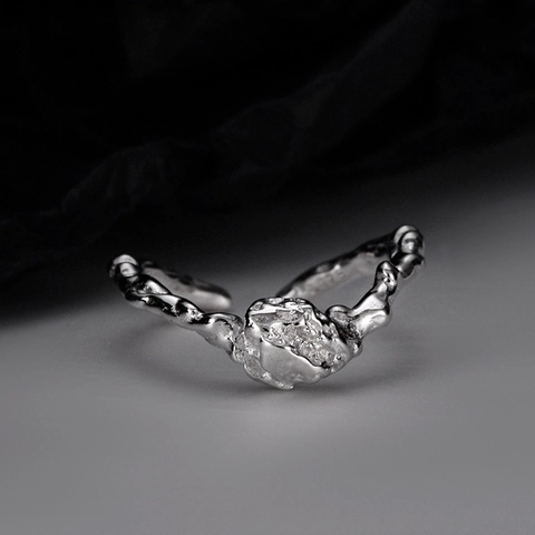 925 Sterling Silver Irregular Lava Texture Open Ring French Style Niche Minimalist Adjustable White Gold Plated Ring