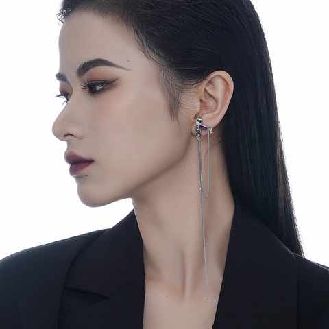 925 Sterling Silver Asymmetric Tassel Earrings For Women Textured Purple Rhinestone Long Chain Drop Dangle Earrings Jewelry