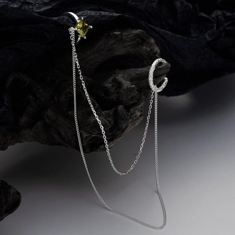 Orecchino a Clip in Argento Sterling 925 con Catena per Donna Strass Quadrato Verde Design di Nicchia Minimalista Strutturato
